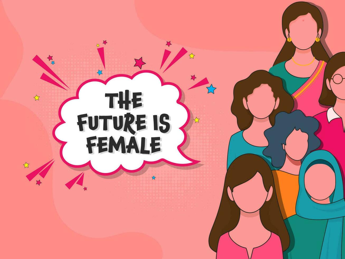 Faceless Young Ladies Group With The Future Is Female Font Over Comic Bubbles On Red Background. vector