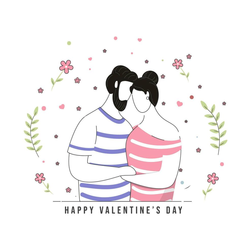 contento San Valentín día concepto con garabatear estilo abrazando Pareja y floral decorado en blanco antecedentes. vector