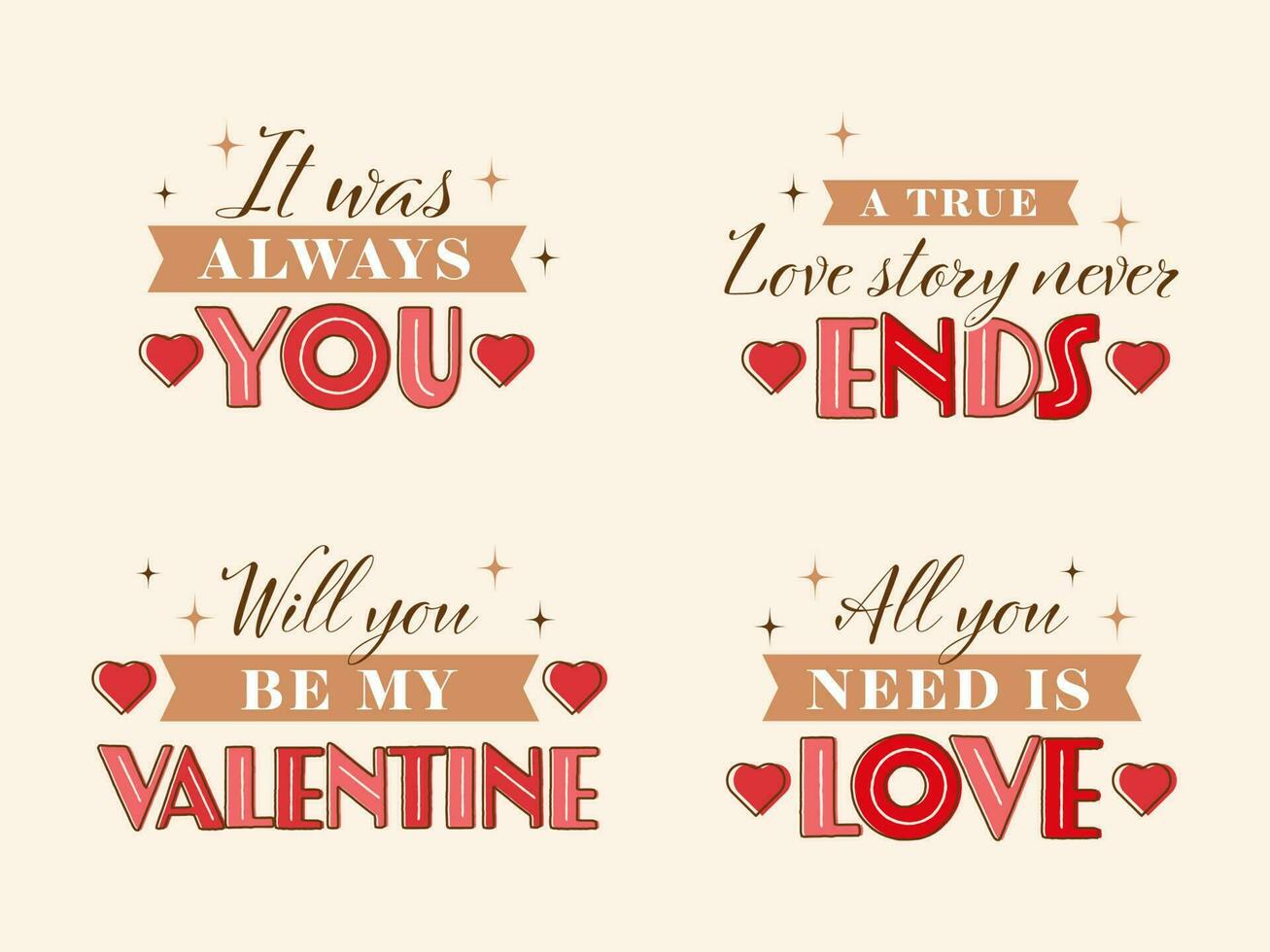 Happy Valentine's Day Quotes With Hearts On Beige Background. vector