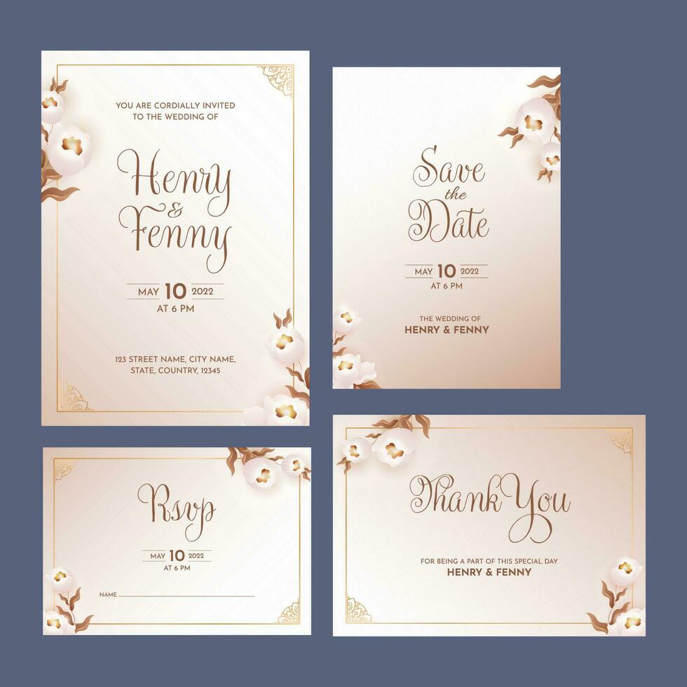 Boda invitación tarjeta suite decorado con floral en azul antecedentes. vector