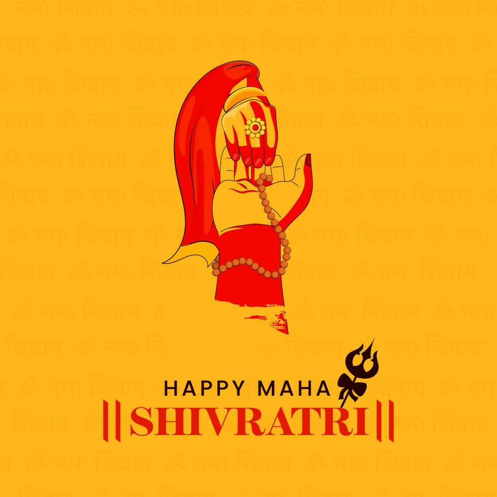 Happy Maha Shivratri Font With Lord Shiva And Goddess Parvati Hands Together Against Orange Background. vector