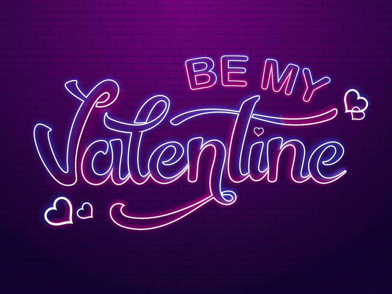 Neon Be My Valentine Font With Hearts On Purple Brick Wall Background. vector