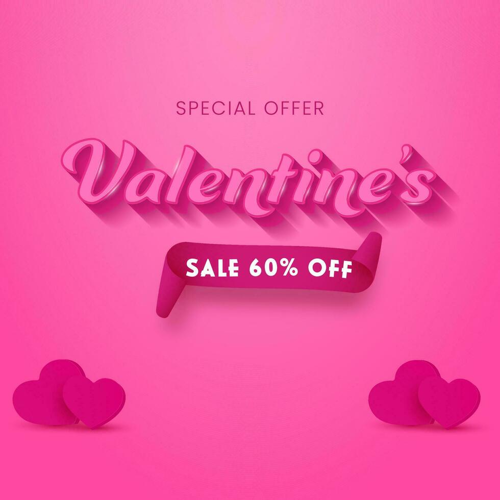 San Valentín rebaja póster diseño con descuento oferta y 3d corazones en rosado antecedentes. vector