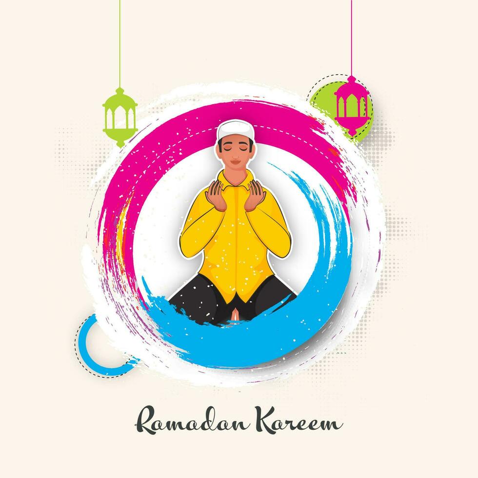 Ramadan Kareem Concept With Islamic Young Boy Praying, Hanging Lanterns And Brush Stroke On Cosmic Latte Halftone Effect Background. vector