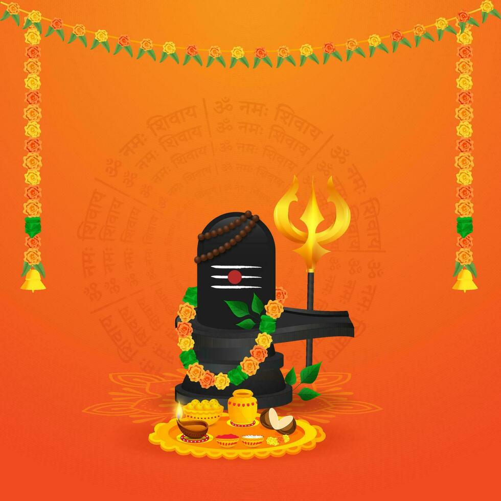 Lord Shiva Lingam Statue With Rudraksha Mala Hindu Prayer Beads, Leaves, Flower Garland, Worship Plate And Golden Trishul Trident On Orange Round Om Namah Shivay Text Background. vector