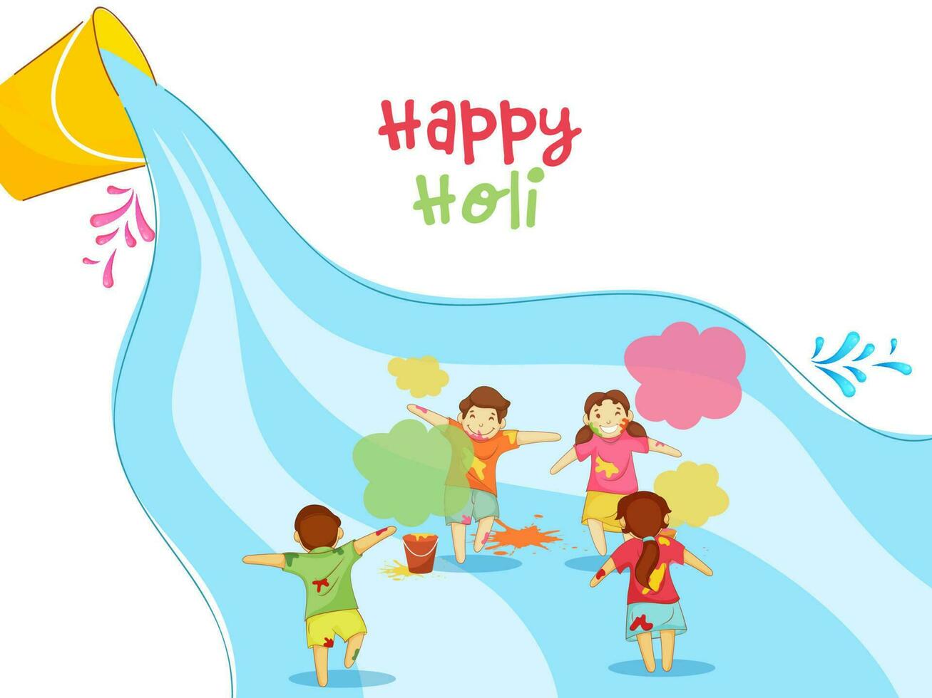 Vector Illustration Of Cartoon Children Celebrating Holi Festival Together And Color Falling From Bucket On White Background.