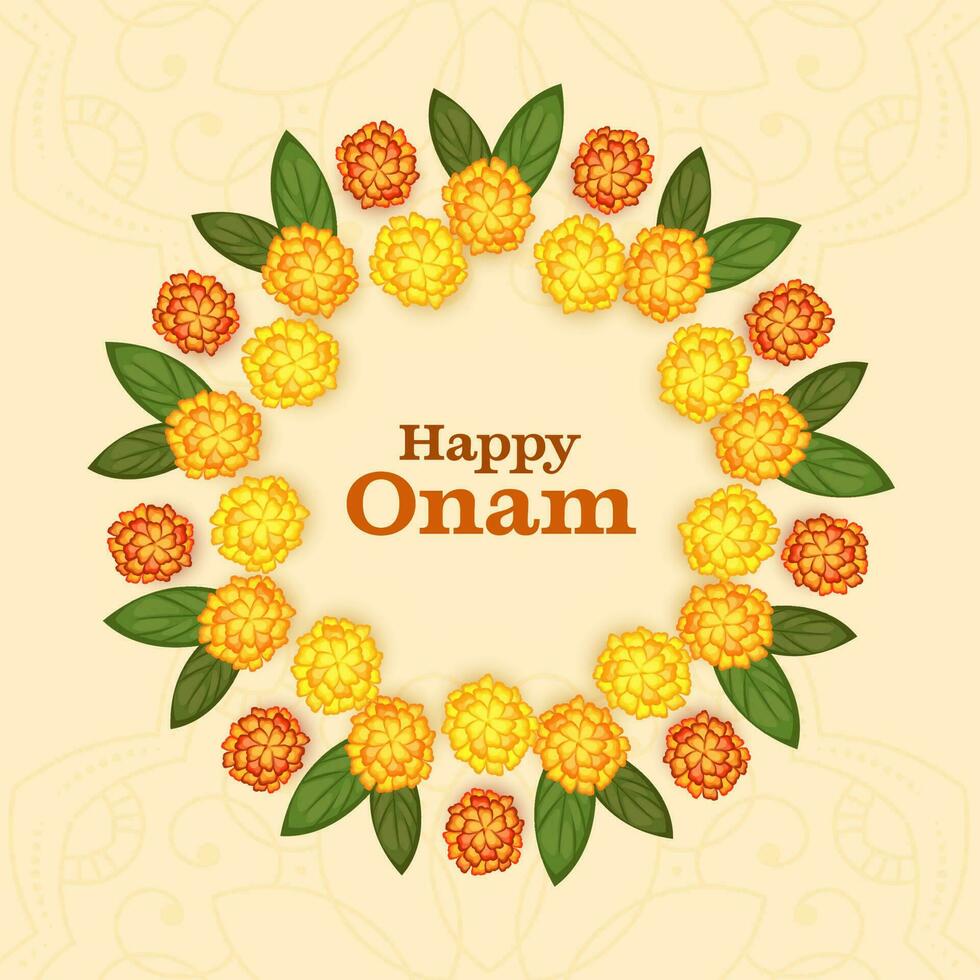 Happy Onam Lettering With Marigold Flowers And Mango Leaves In Circular Shape On Pastel Yellow Paisley Background. vector