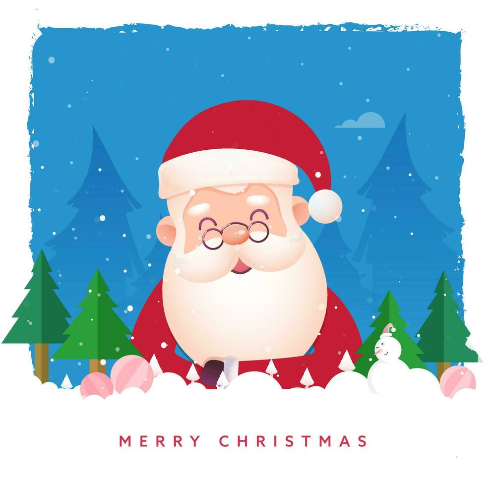Merry Christmas Greeting Card With Cute Santa Claus, Snowman, Paper Cut Baubles, Xmas Trees On Blue And White Background. vector