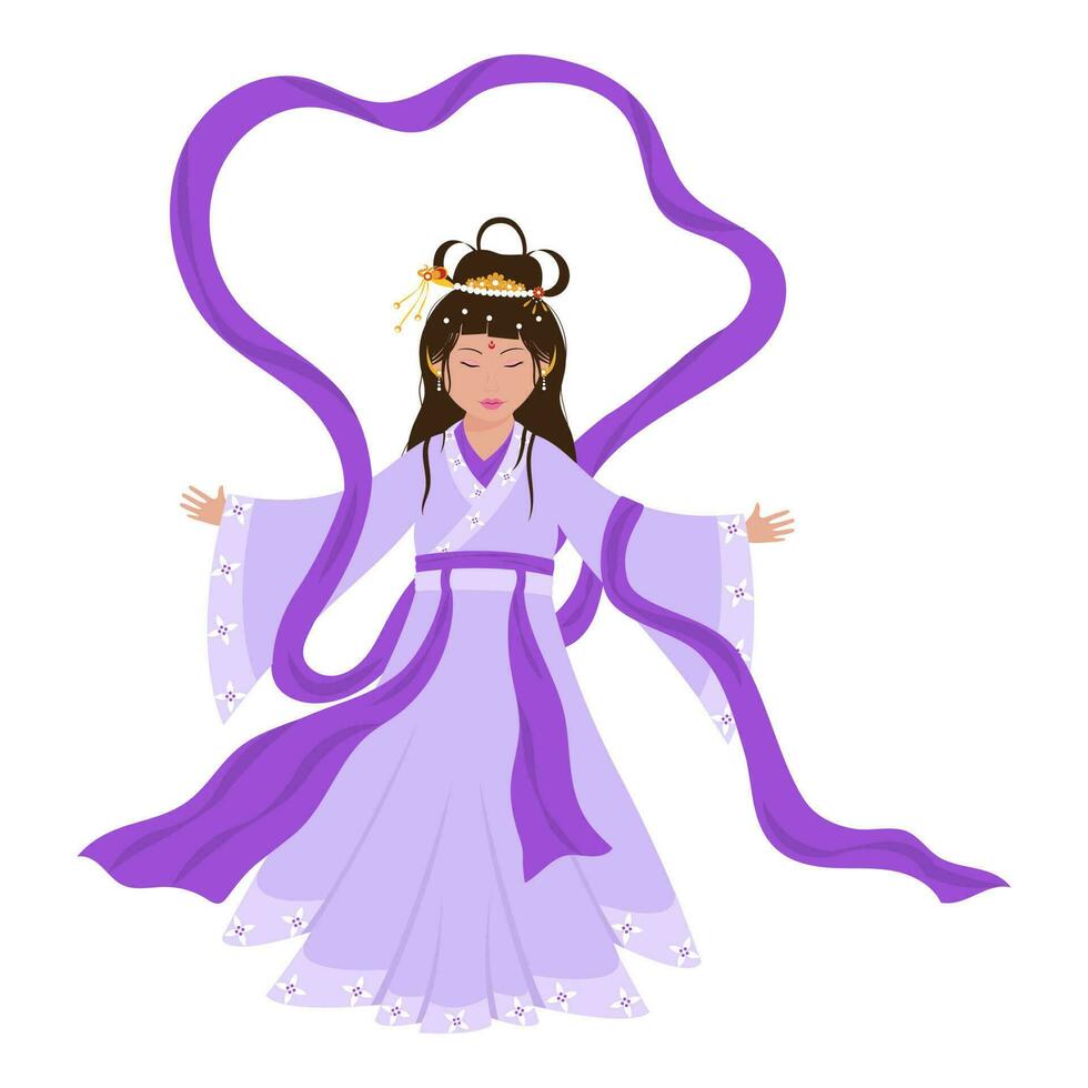 Character Of Chinese Goddess Wearing Purple Costume On White Background. vector