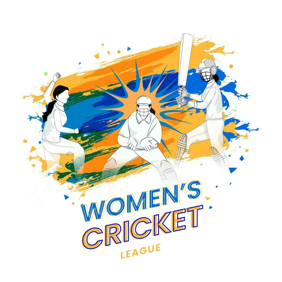Cartoon Women Cricket Players In Different Poses And Brush Stroke Effect On White Background. vector