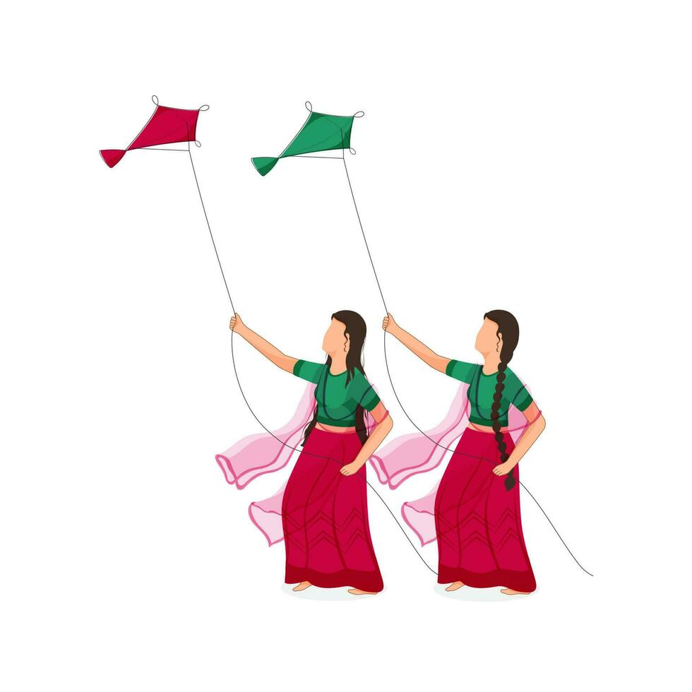 Cartoon Indian Young Girls Flying Kites On White Background. vector