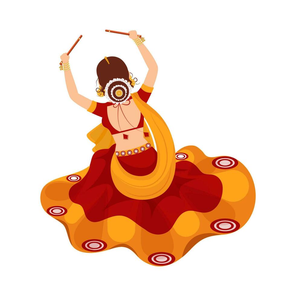 espalda ver de indio joven mujer haciendo dandiya danza en tradicional atuendo en blanco antecedentes. vector