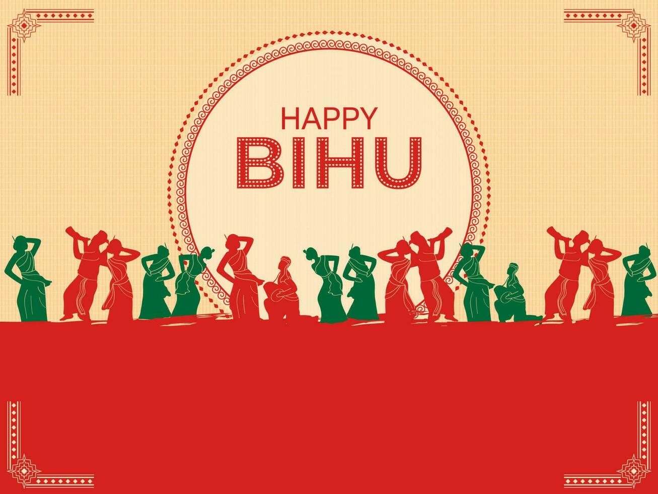 Happy Bihu Celebration Background With Silhouette Assamese People Performing Dance And Music Instruments. vector