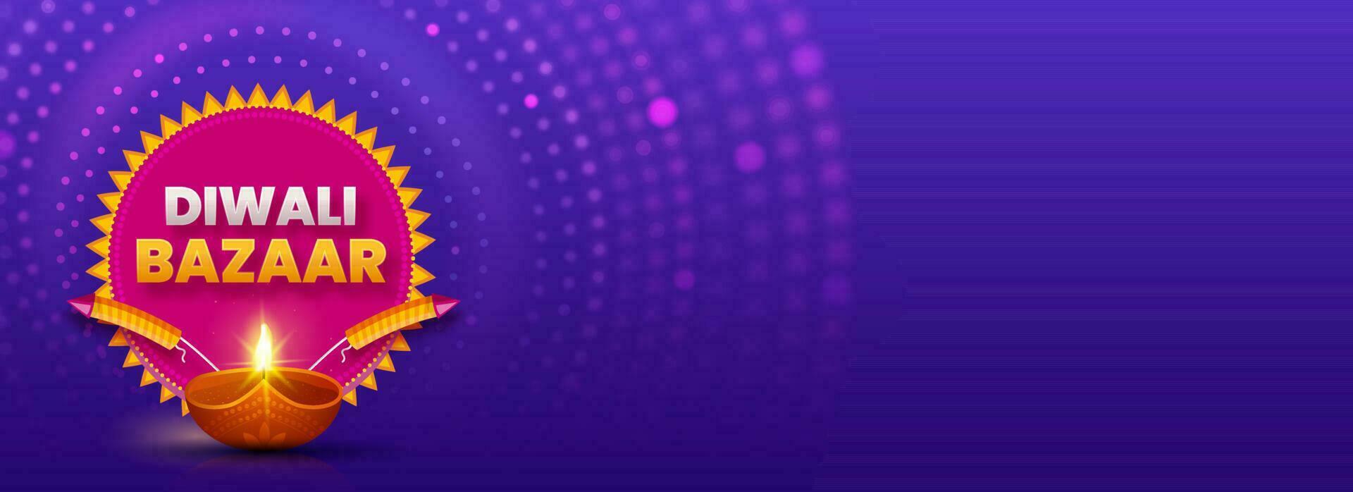 Diwali Bazaar Banner or Header with Realistic Lit Oil Lamp, Fireworks Rocket Against Purple Circular Dotted Background. Indian Light Festival Sale Concept. vector