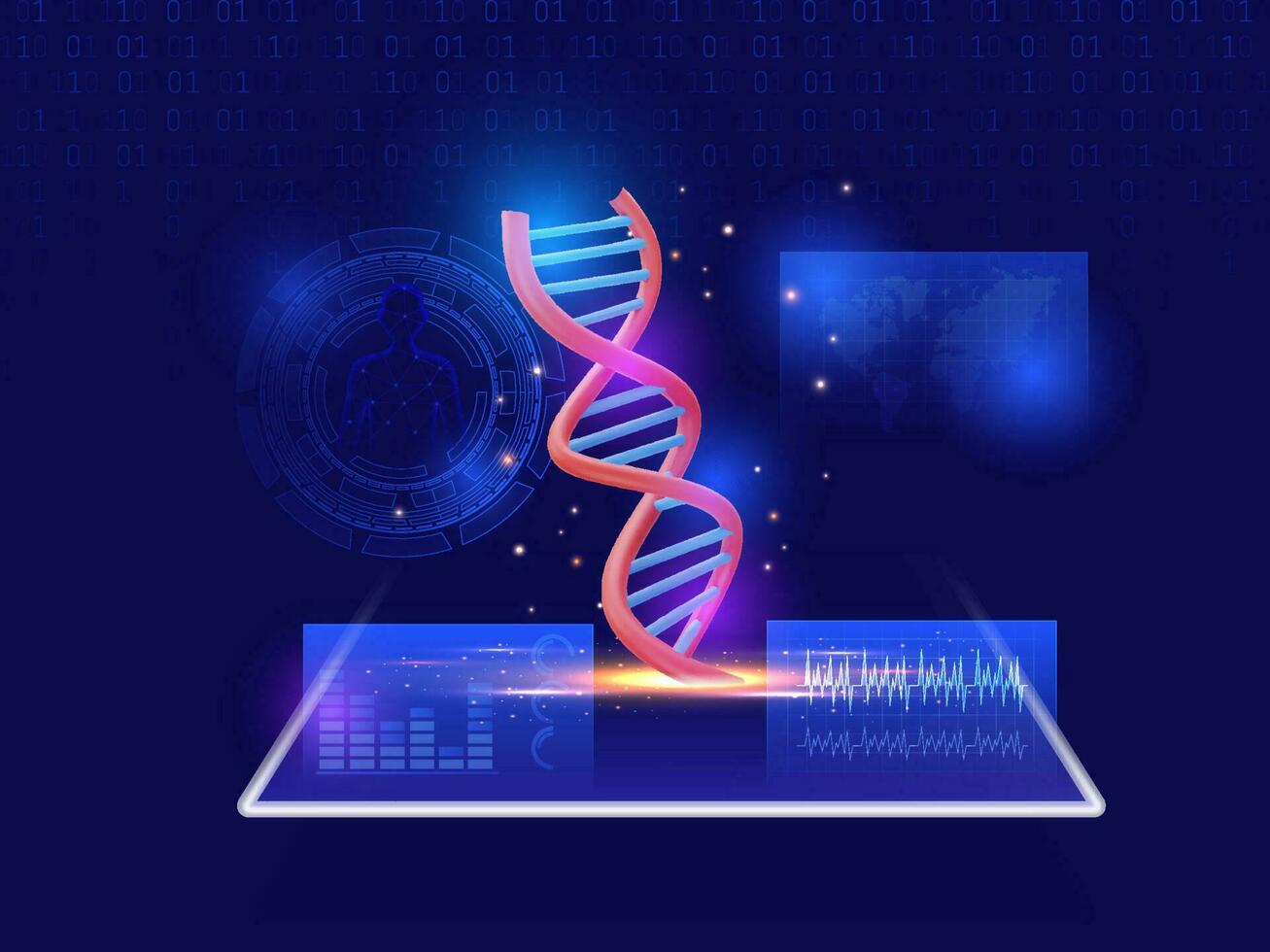 ai cuidado de la salud concepto con humano adn en tableta dispositivo. biotecnología con hud antecedentes. vector