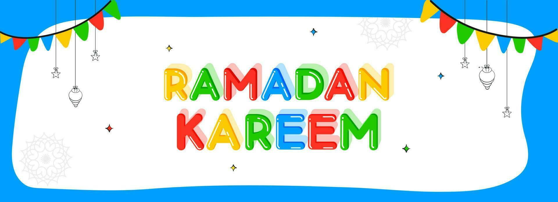 Colorful Ramadan Kareem Text With Doodle Stars, Lanterns Hang, Bunting Flags Decorated On White And Blue Background. vector