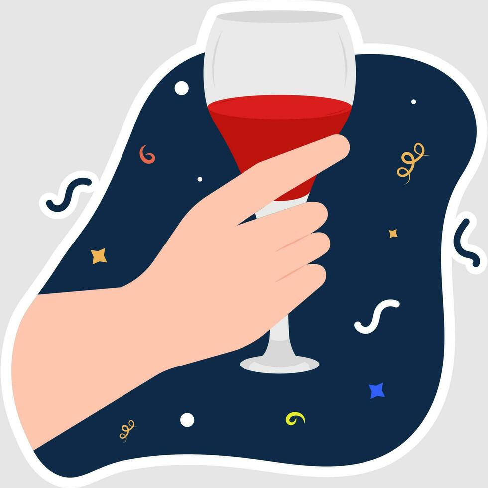 Vector Illustration Of Hand Holding Wine Glass Sticker On Blue Confetti Background.