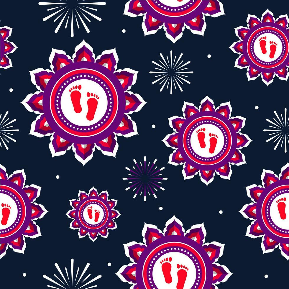 Seamless Pattern Of Mandala With Lakshmi Footprints And Fireworks On Blue Background. vector