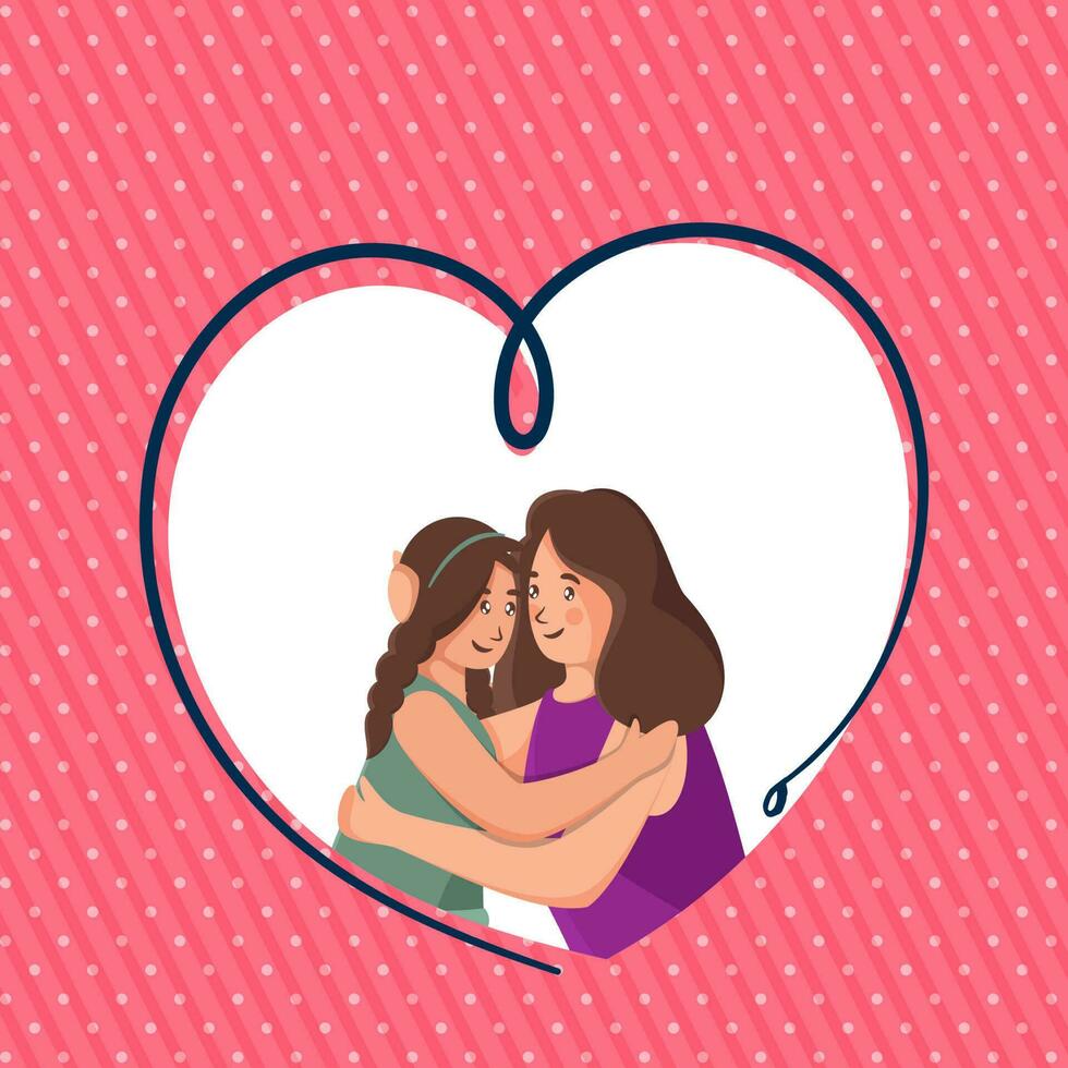 Young Lady Hugging Her Daughter Over White Heart Shape On Pastel Red Dotted Pattern Background. vector