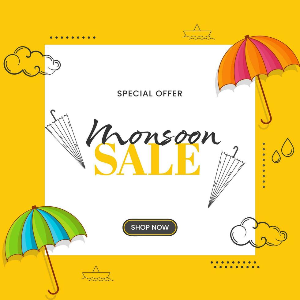 Monsoon Sale Poster Design Decorated With Umbrella, Drops, Paper Boat, Clouds On White And Chrome Yellow Background. vector