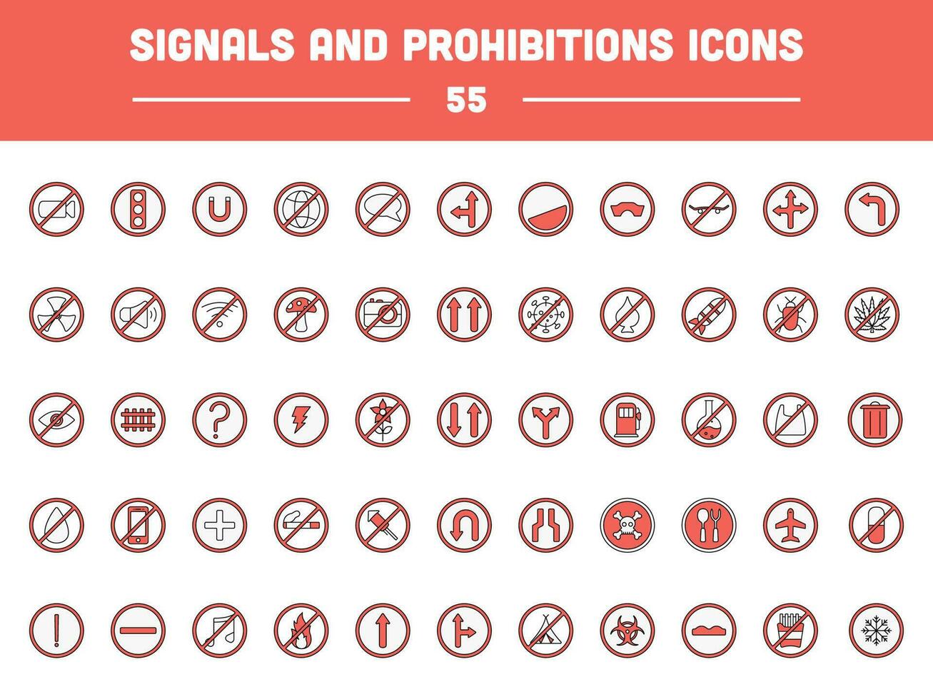 55 señales y prohibiciones circulo icono conjunto en rojo color. vector