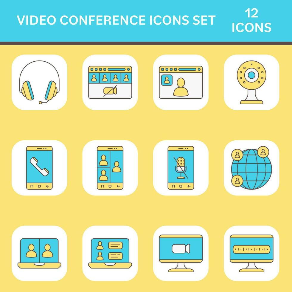 turquesa y amarillo vídeo conferencia cuadrado icono colocar. vector