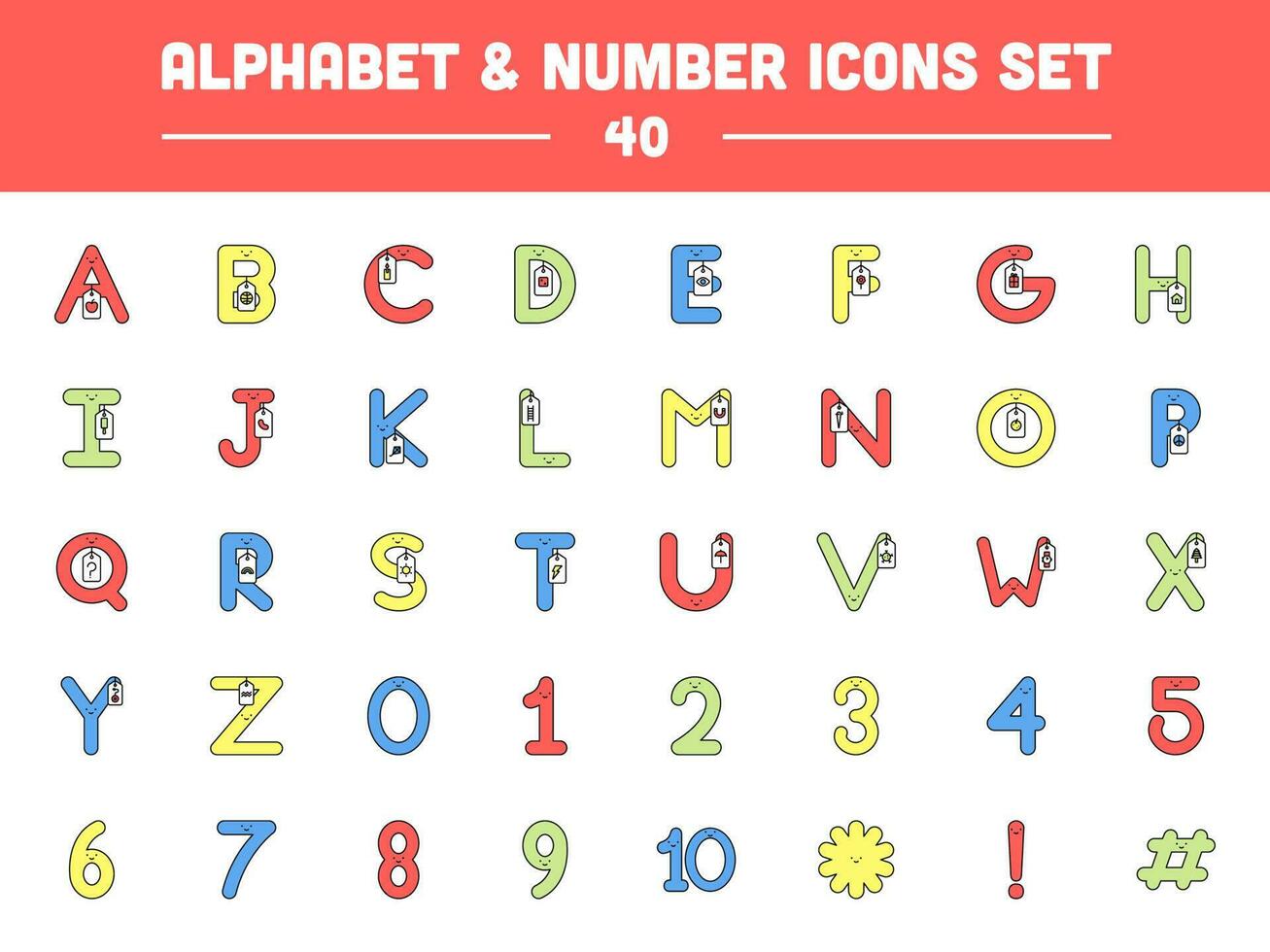 Cartoon Funny Alphabet With Words Tag And Numeric Letter Character Set. vector