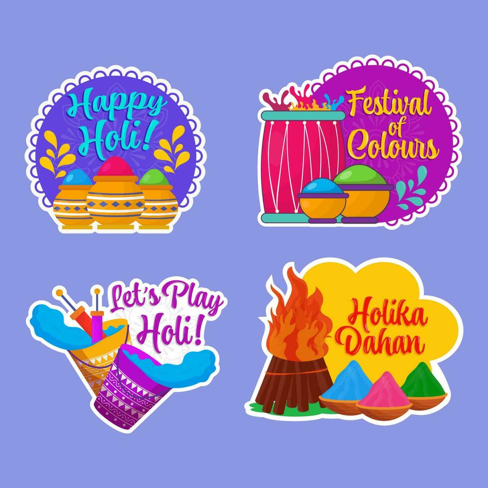 Holi Festival Sticker Collection On Blue Background. vector