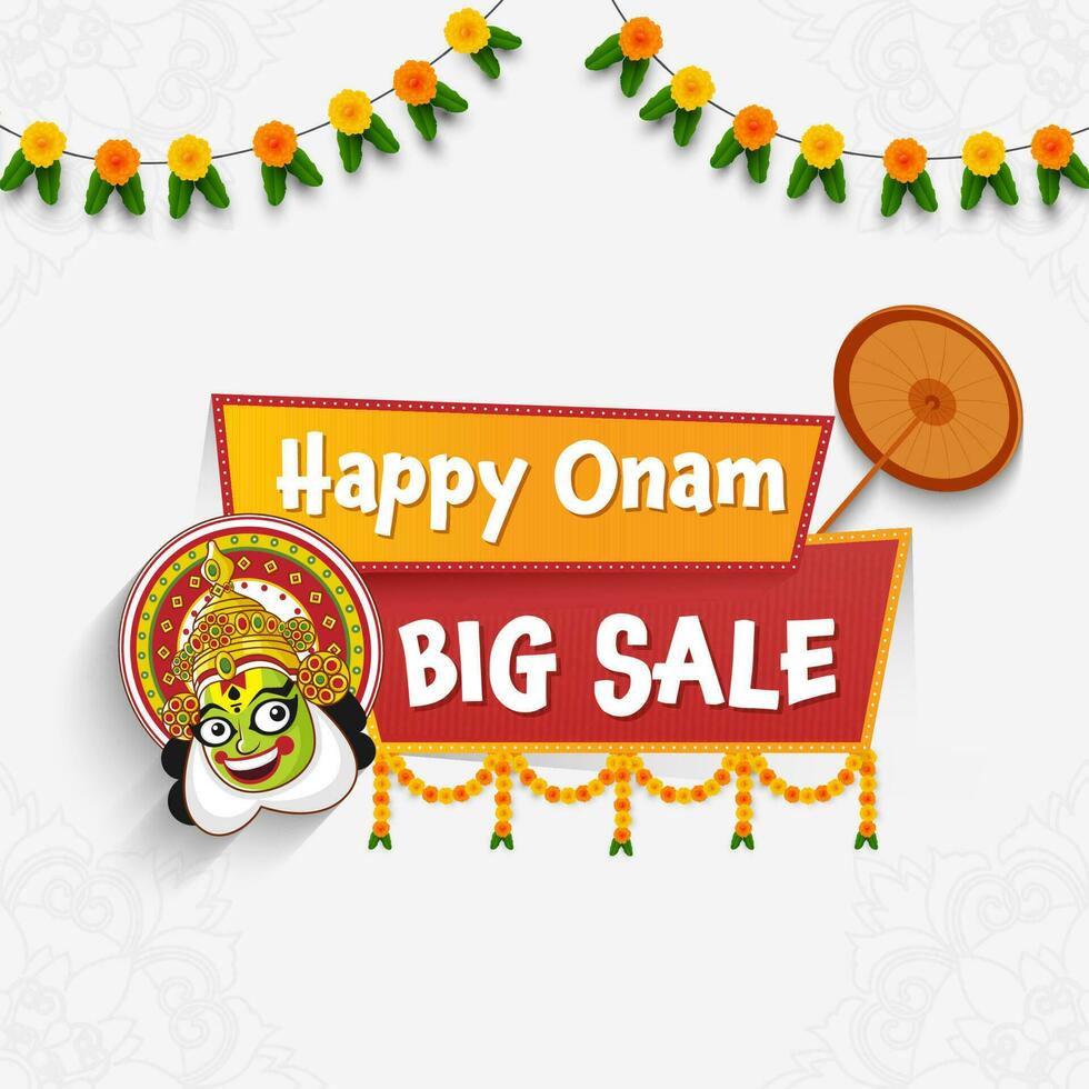 Onam Big Sale Poster Design With Kathakali Dancer Face, Olakkuda And Floral Garland On White Mandala Corner Background. vector