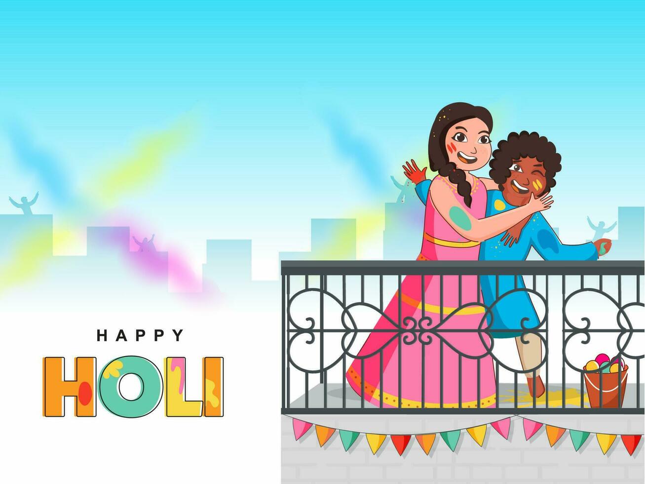 alegre indio chico y niña jugando colores juntos a balcón en el ocasión de holi celebracion. vector
