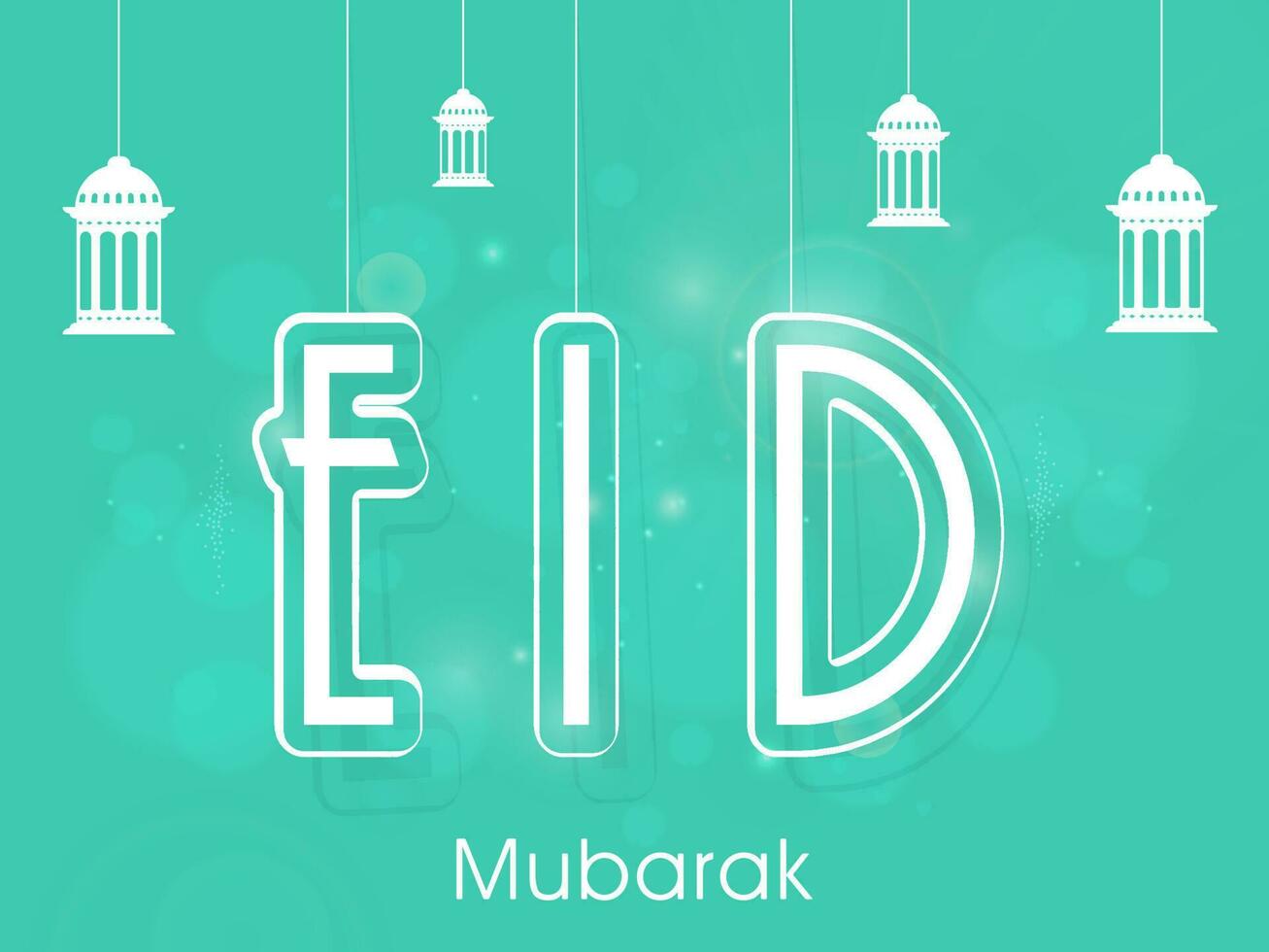 Eid Mubarak Font With Lanterns Hang On Turquoise Bokeh Background. vector