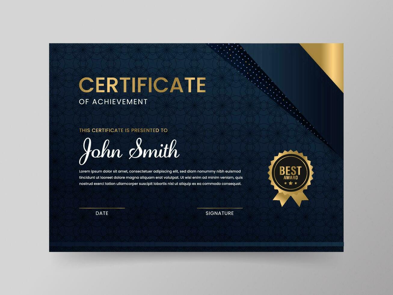 Certificate Of Achievement Best Award Template In Blue And Golden Color. vector