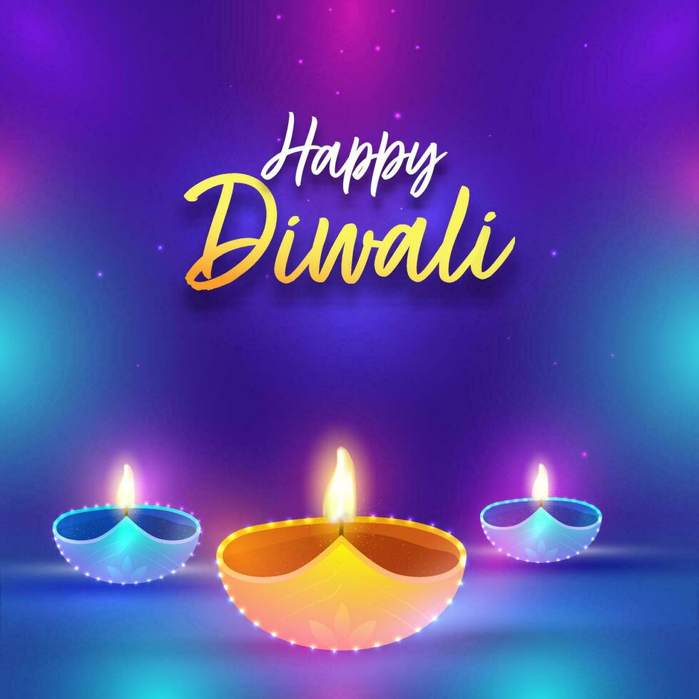 Indian Light Festival, Happy Diwali with Illuminated Oil Lit Lamps on Shiny Gradient Background. vector