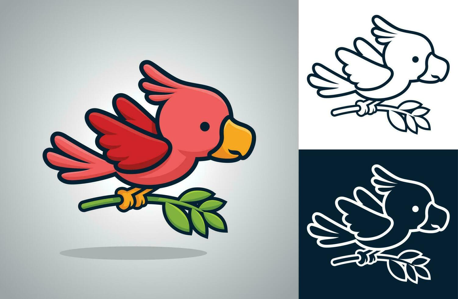 Cute bird flying while carrying leaf in it feet. Vector cartoon illustration in flat icon style