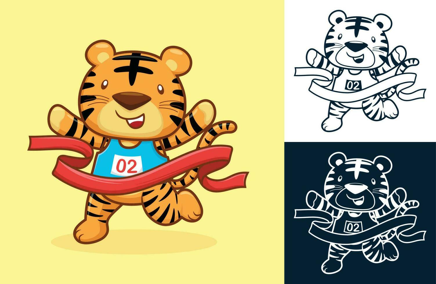 Cute tiger wins run racing by crossing the finish line. Vector cartoon illustration in flat icon style