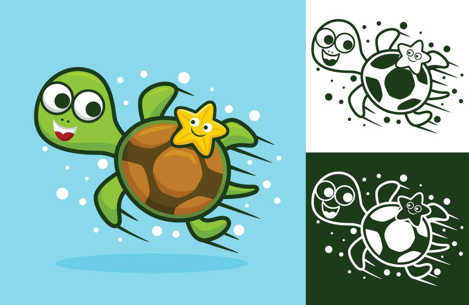 Cute turtle with little starfish undersea. Vector cartoon illustration in flat icon style