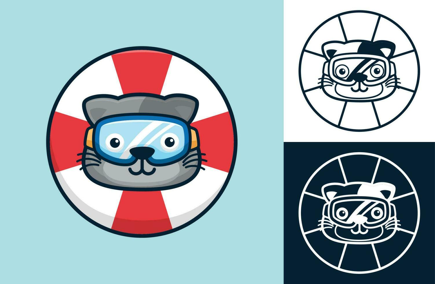 Funny cat's head wearing diving goggles on lifebuoy. Vector cartoon illustration in flat icon style