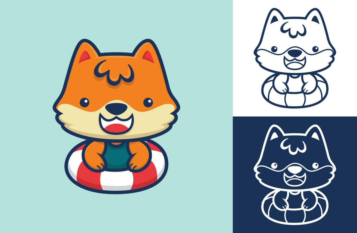 Cute fox with lifebuoy. Vector icon illustration