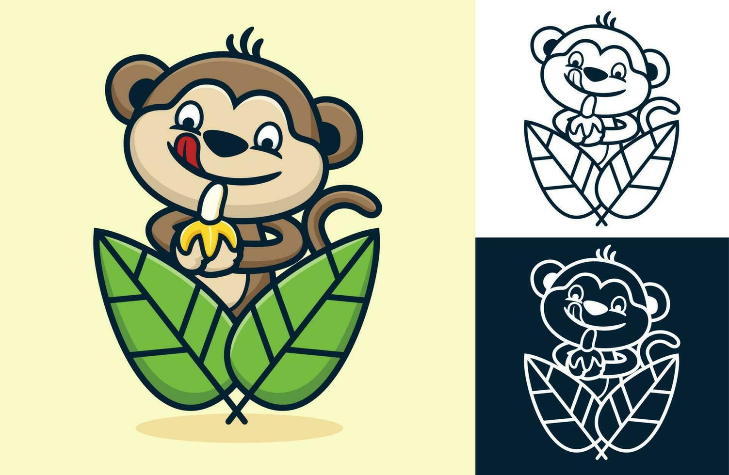 Funny monkey in leaves holding a banana. Vector cartoon illustration in flat icon style