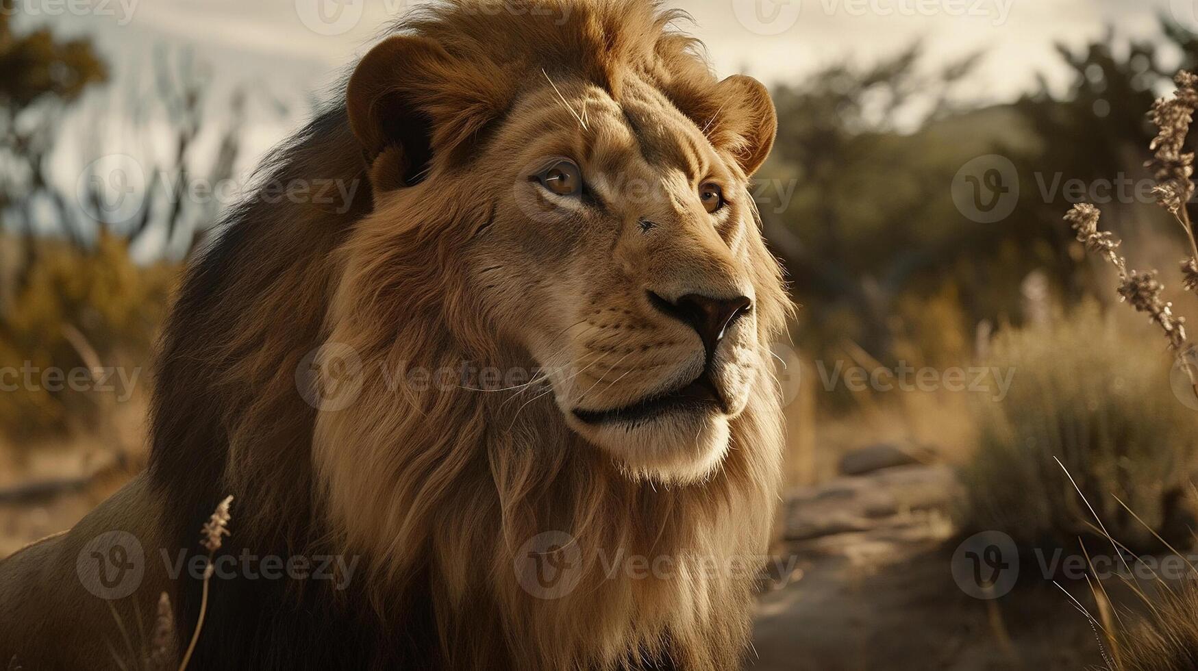 Close up of a lion in its natural habitat background. Animal kingdom concept photo