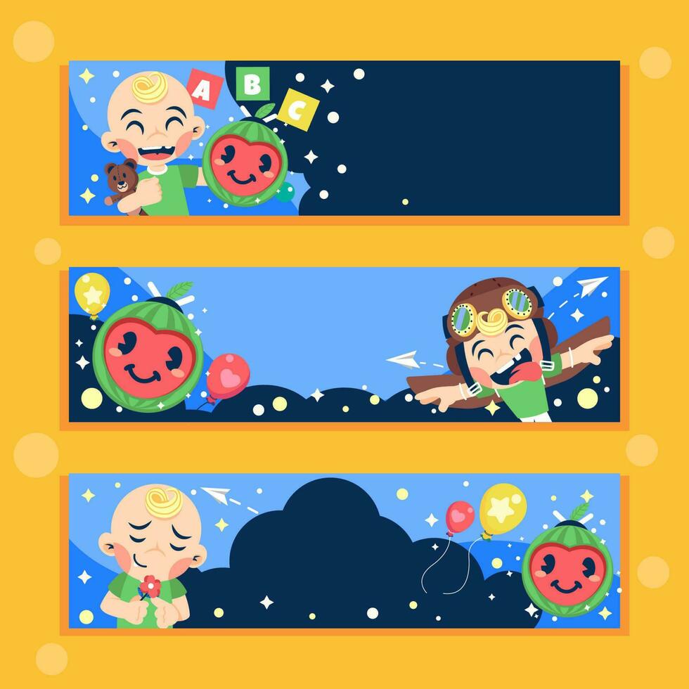 Banner Set of Baby Playing with Watermelon Doll vector