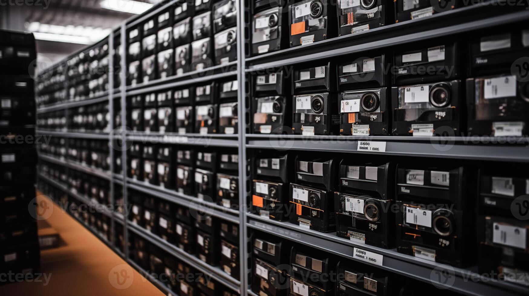 Rows of shelves with goods boxes in huge distribution warehouse at industrial storage factory, photo