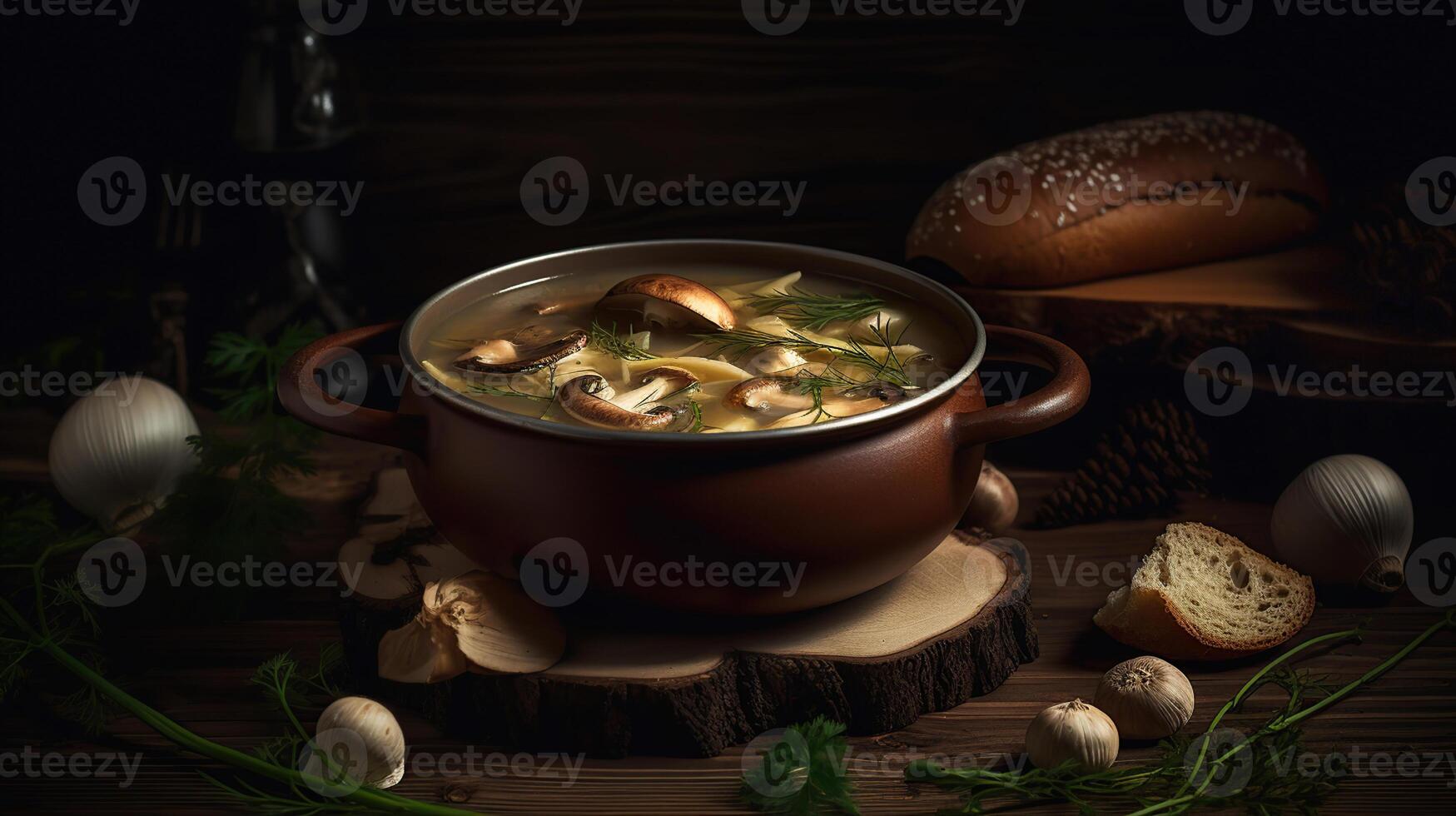 Delicious hot porcini soup in copper pan. Tasty seasonal autumn meal. Fresh mashrooms illustrate ingredients. Concept of homemade russian food. photo