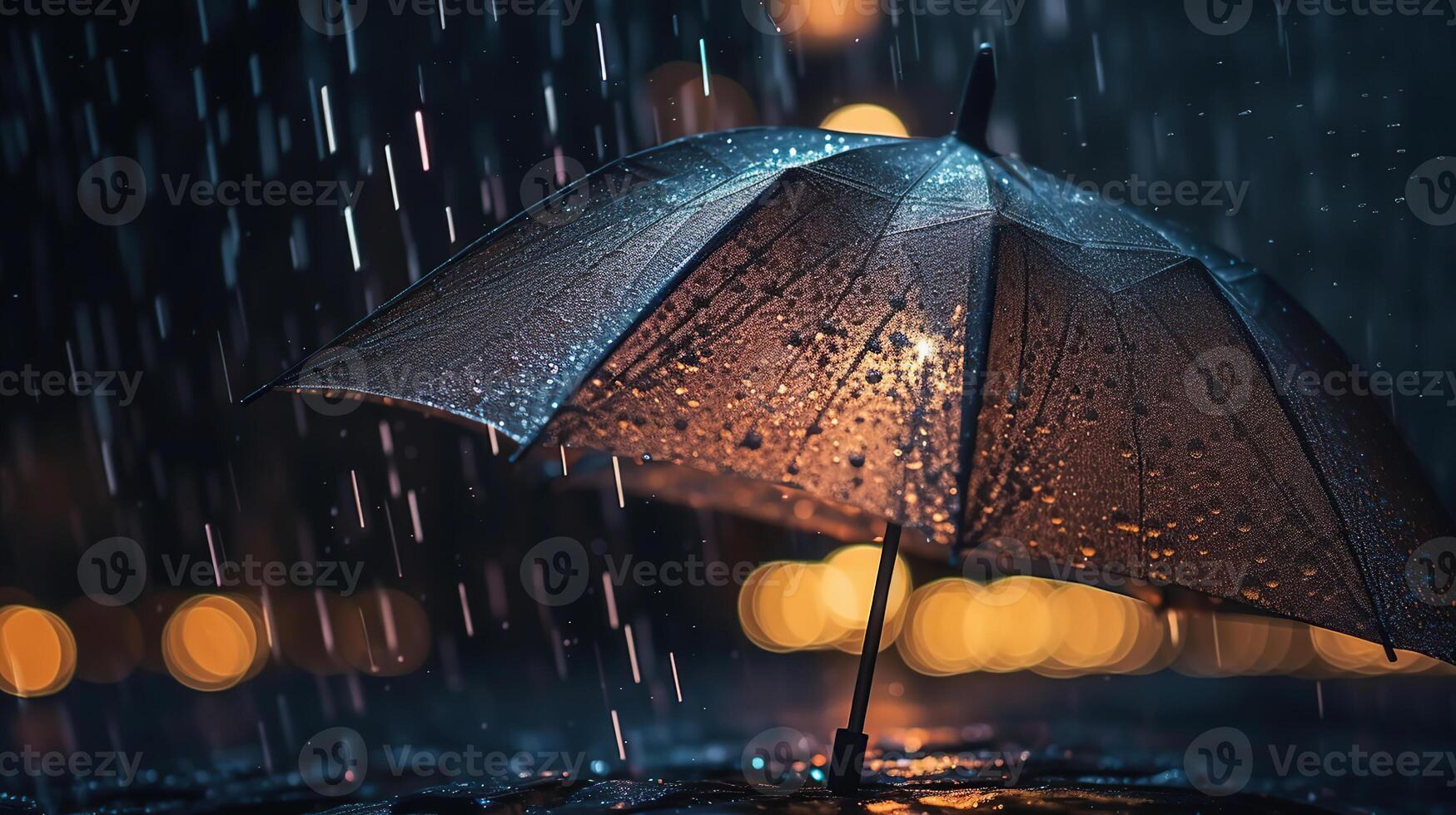 Abstract Weather Concept - Rain And Lightning On Black Umbrella On Defocused Background, photo