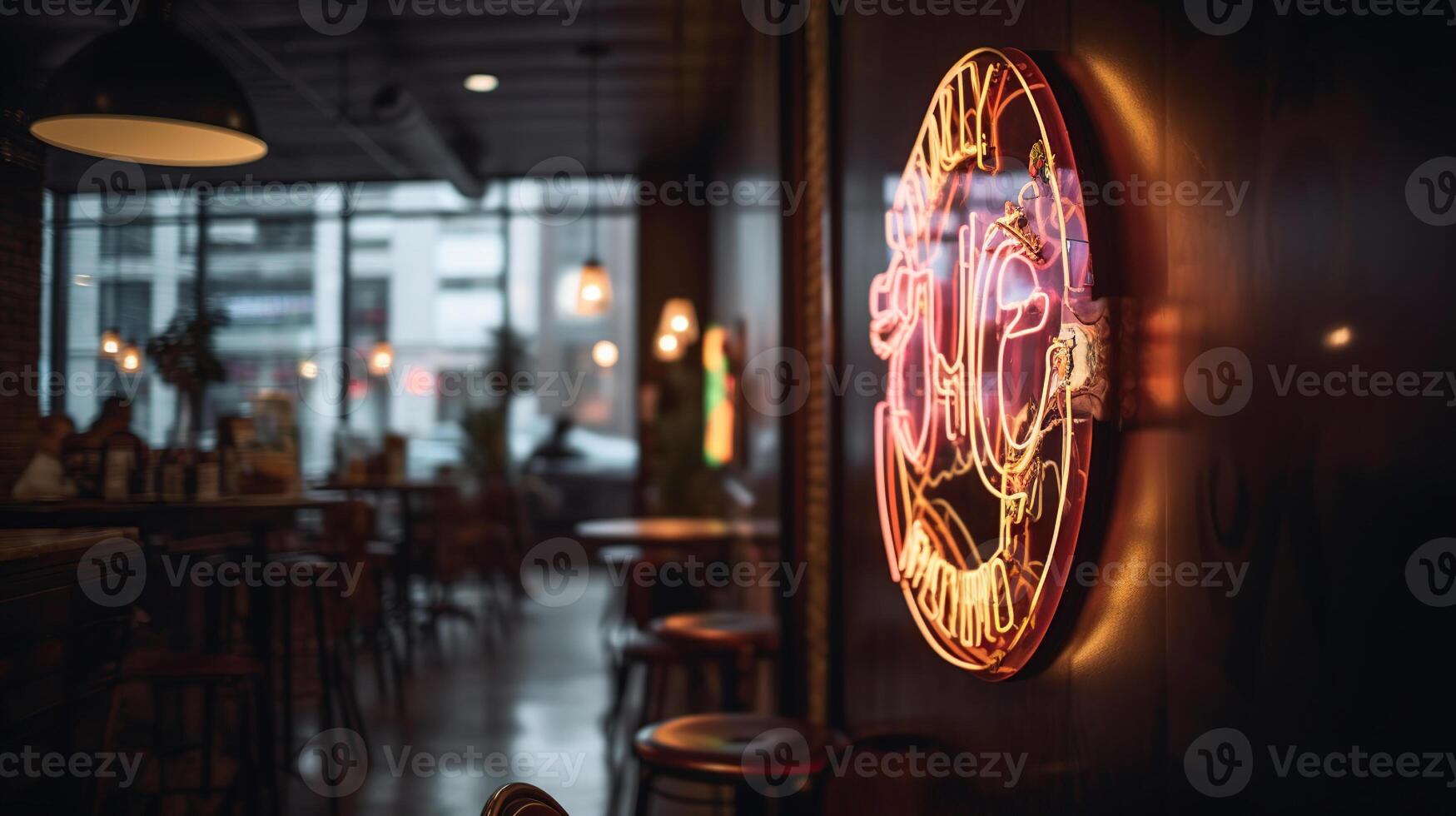 Neon sign on wall in interior of cafe, photo