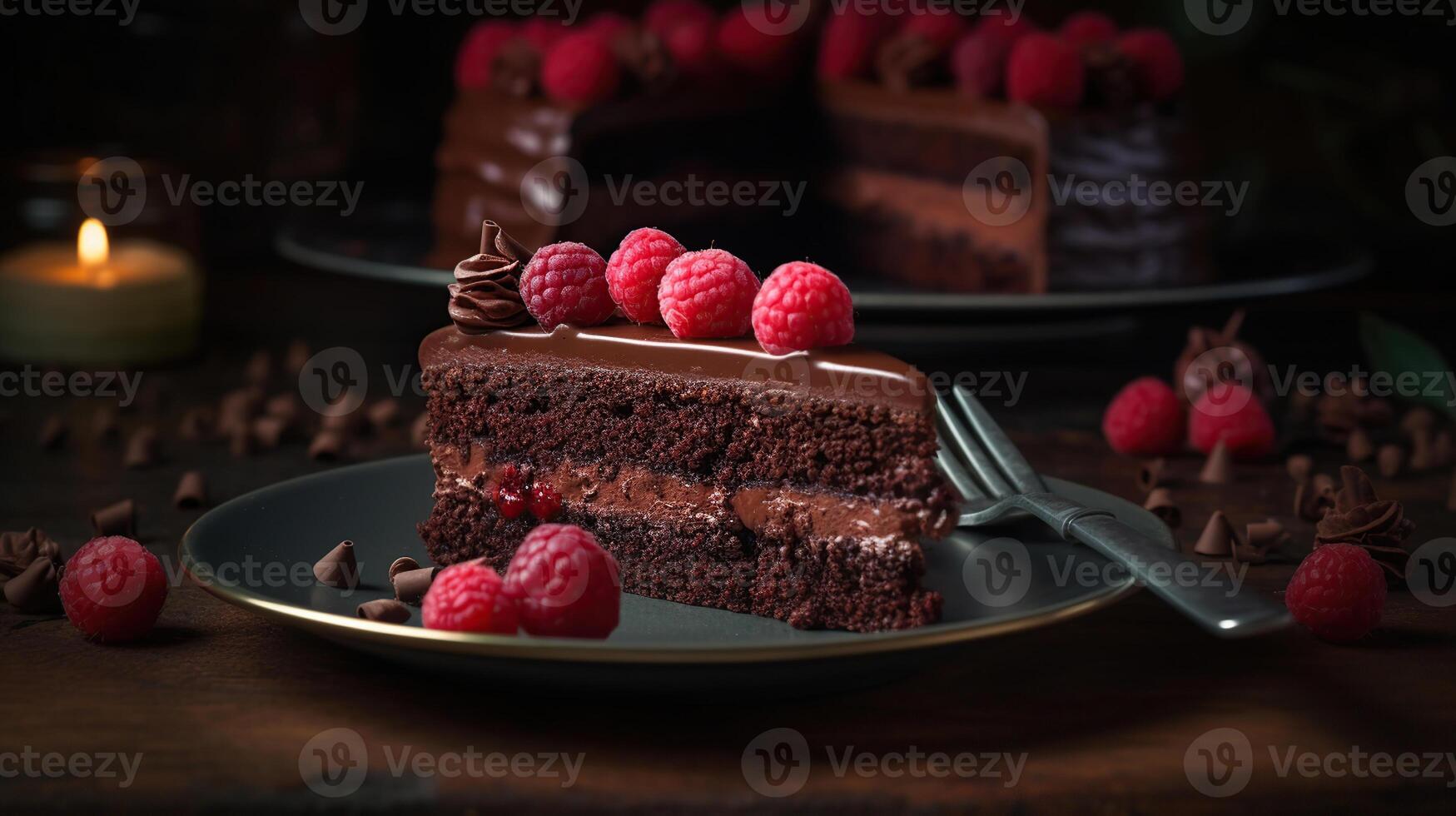 chocolate pastel con frambuesa en lámina. rebanada de pastel. frambuesa pastel. Boda postre. negro bosque pastel. delicioso postre. generativo ai foto