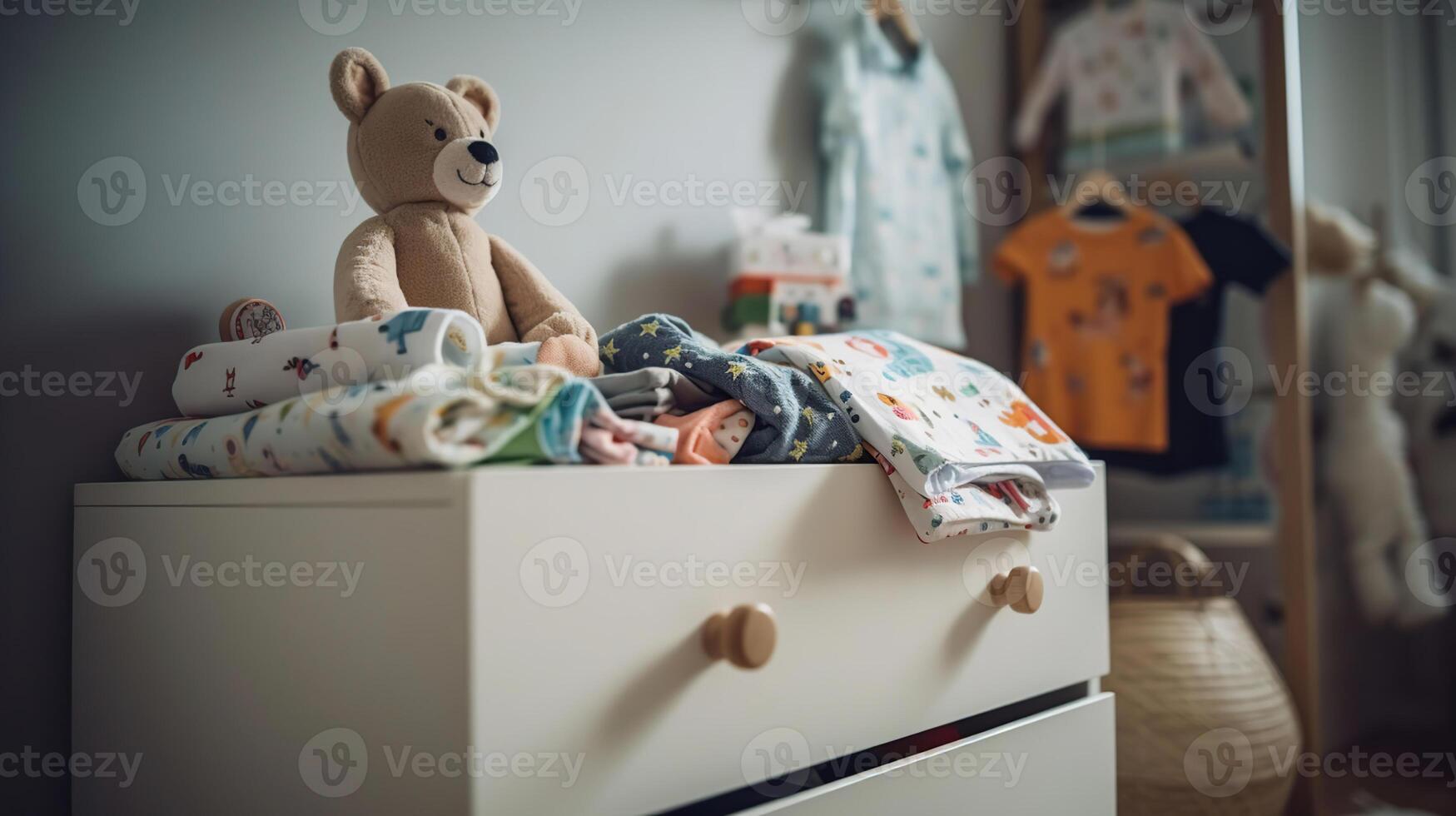 bebé ropa y traqueteo en de madera cofre de cajones en para niños habitación, generativo ai foto