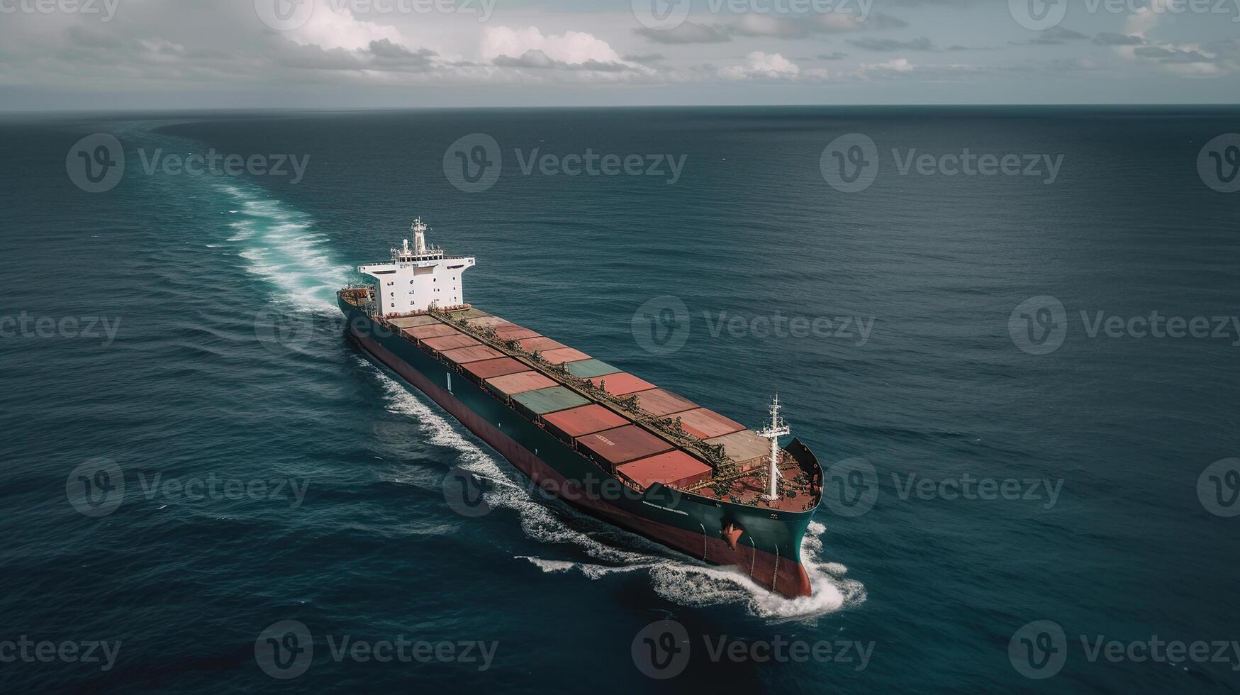 An Enthralling and Majestic Aerial Perspective of a Colossal Cargo Ship Gently Navigating Across the Vast and Pristine Expanse of the Oceanic Blue, photo