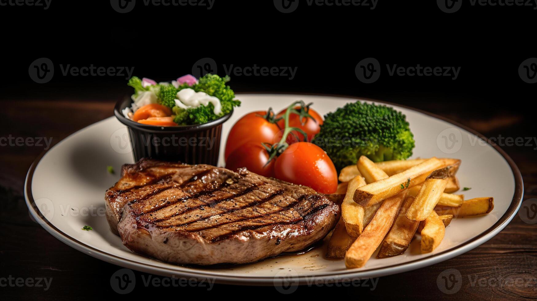 A la parrilla bife, francés papas fritas y verduras, generativo ai foto