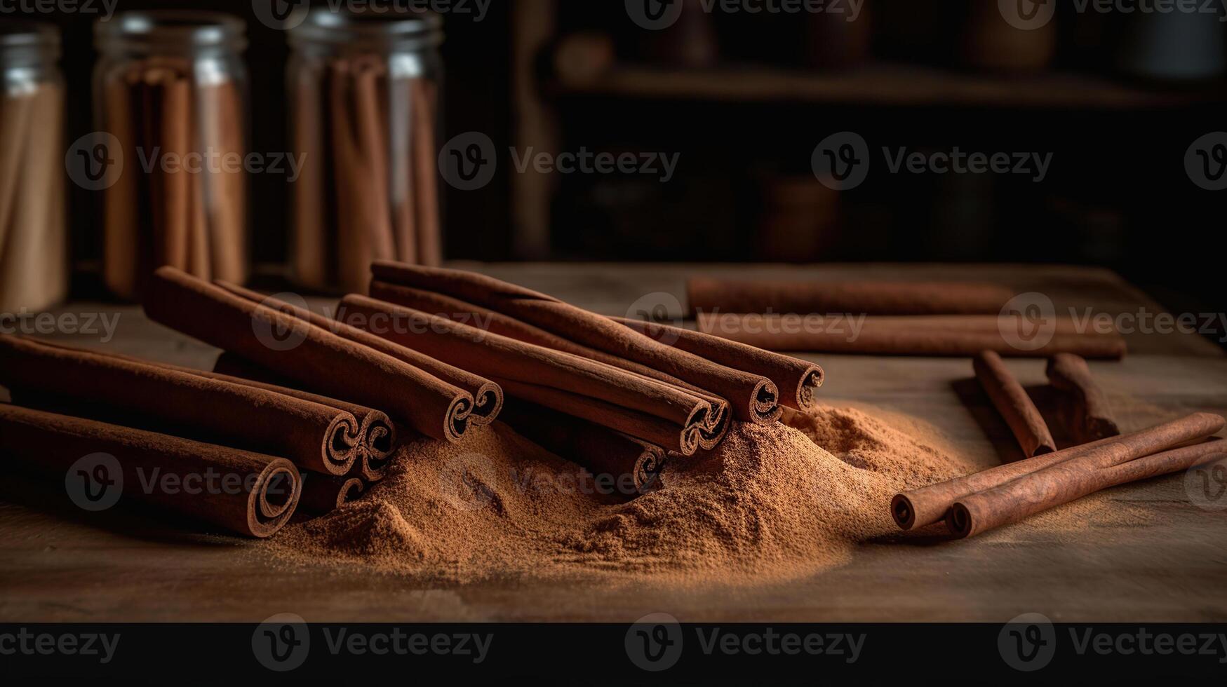 Cinnamon sticks and powder, isolated on black background, photo